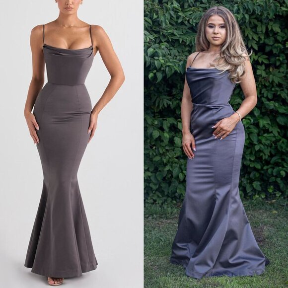House of CB Dresses & Skirts - House of CB Violette Shadow Grey Satin Fishtail Bodycon Maxi Dress Gown Size L+